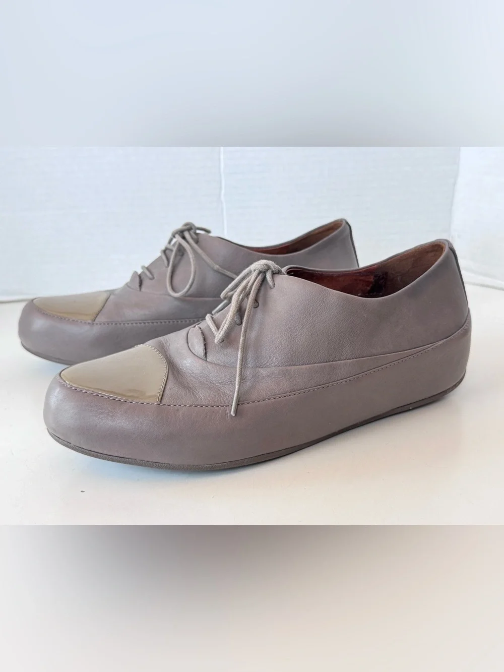 FitFlop Taupe Platform Cap Toe Leather Lace Up Oxford Shoes Women's Size 38.5
